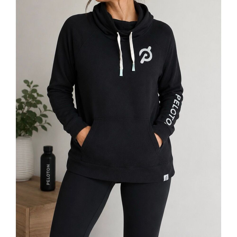 Peloton Black Funnel Neck Sweatshirt Pullover Logo Hoodie Size L